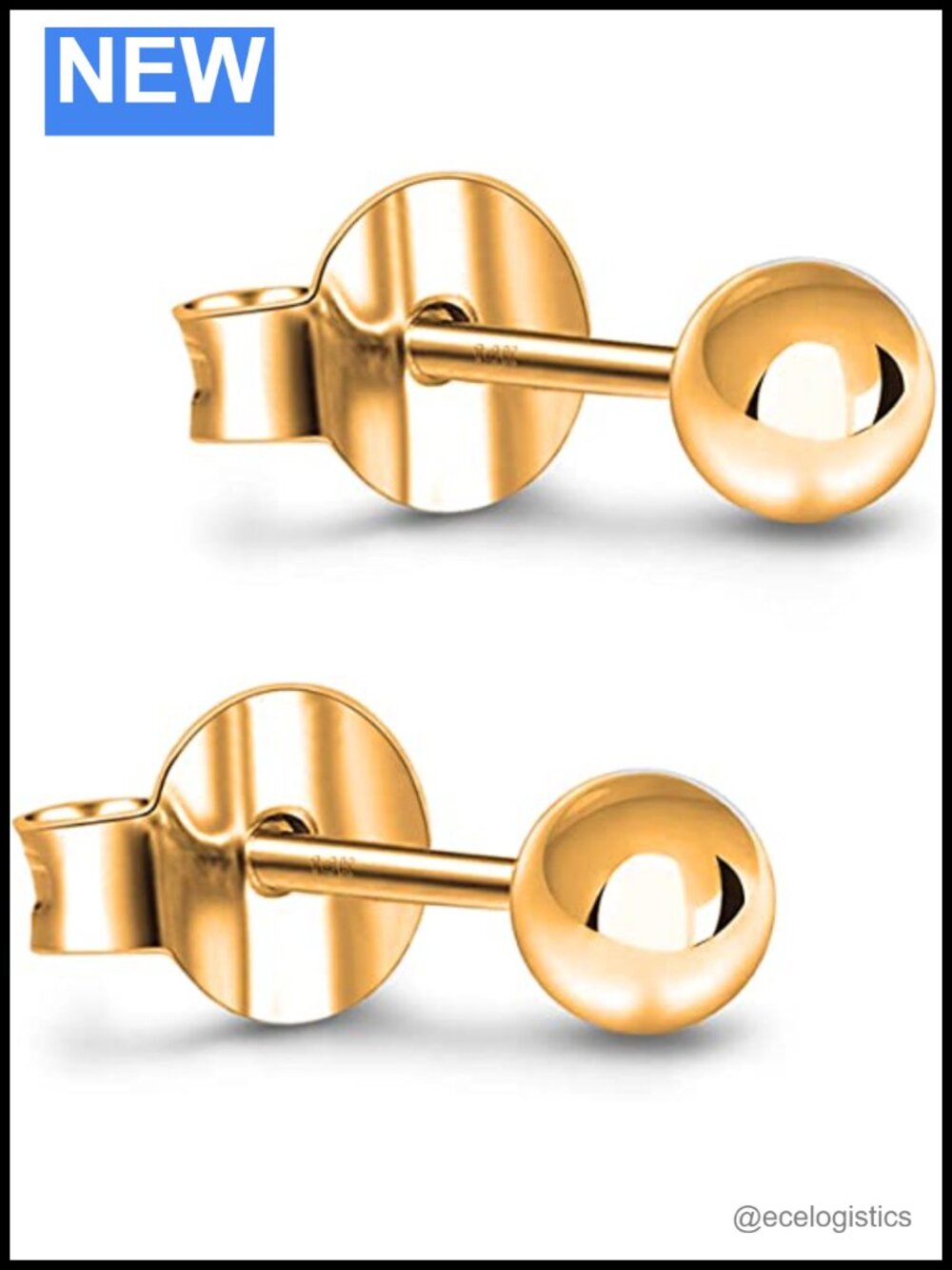 14K Real Gold Ball Stud Earrings Hypoallergenic Push Back